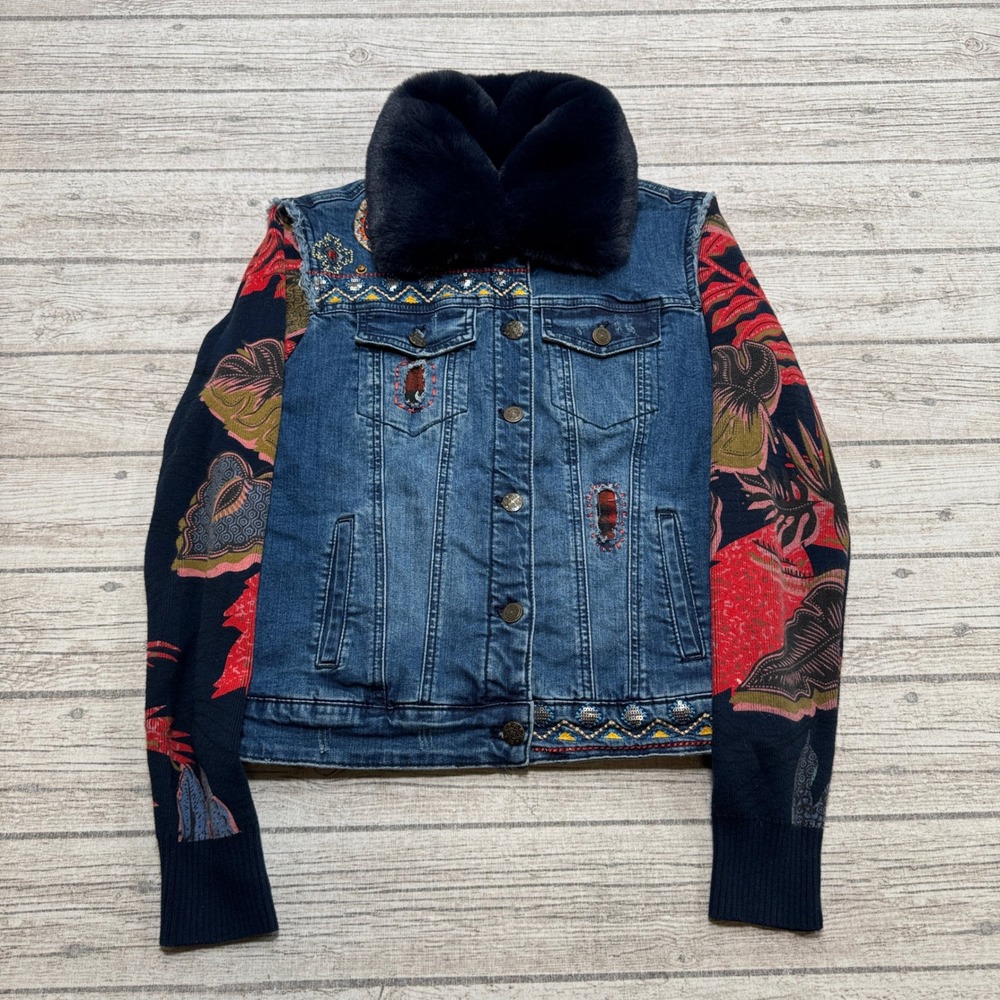 Desigual Jacket Women's 36 Blue Denim Floral Knit Sleeve Faux Fur Collar Outdoor